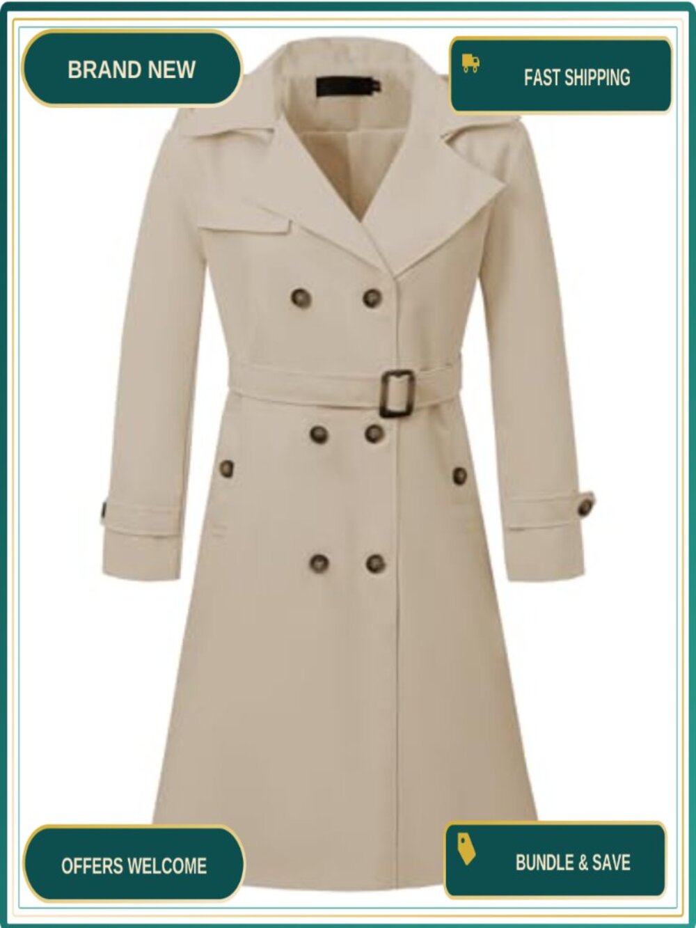 Womens Long Trench Coat Double Breasted Belted Overcoat Detachable Hood Classic
